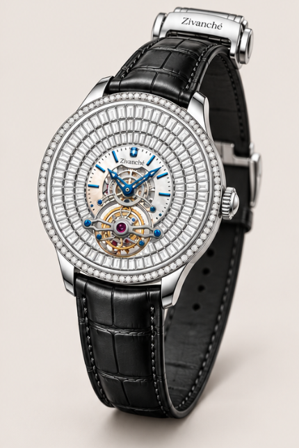 Zivanche Diamond Bezel Tourbillon Inspired Luxury Automatic Watch - Black