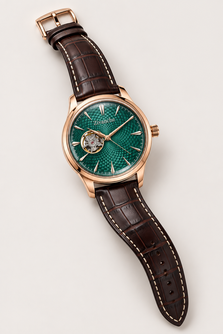 Zivanche Emerald Green Open-Heart Automatic Watch - Rose Gold Edition