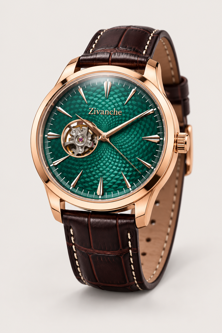 Zivanche Emerald Green Open-Heart Automatic Watch - Rose Gold Edition