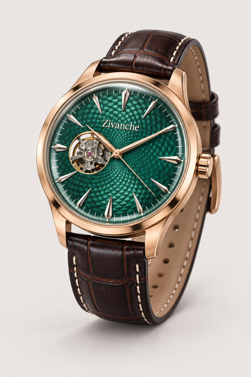 Zivanche Emerald Green Open-Heart Automatic Watch - Rose Gold Edition