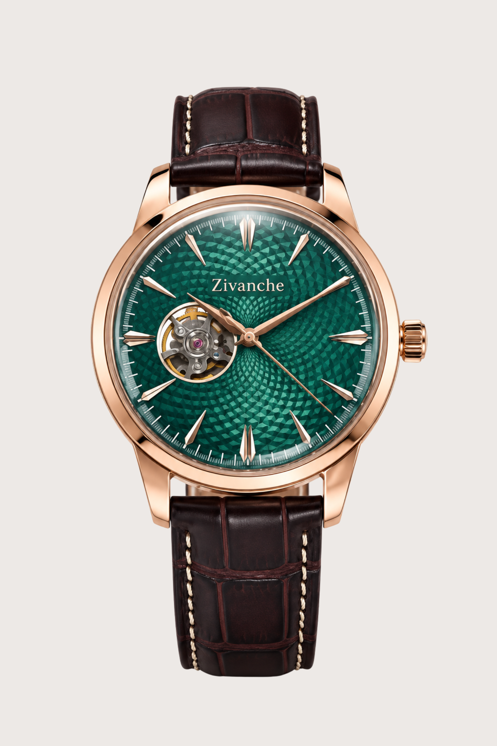 Zivanche Emerald Green Open-Heart Automatic Watch - Rose Gold Edition