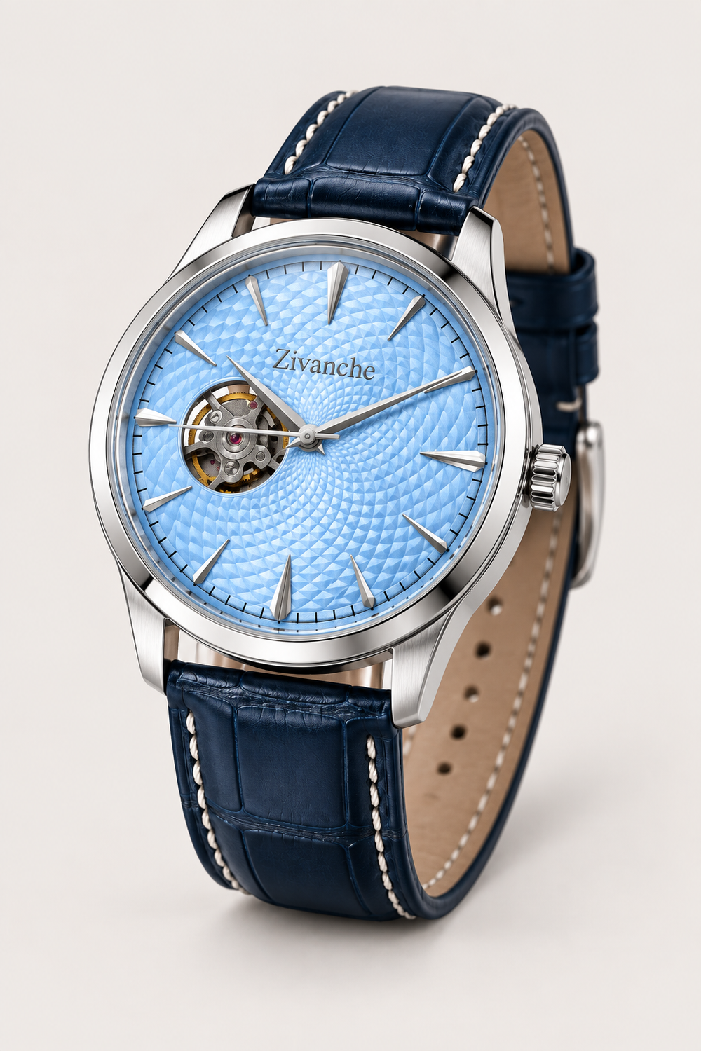 Zivanche Ice Blue Open-Heart Automatic Dress Watch