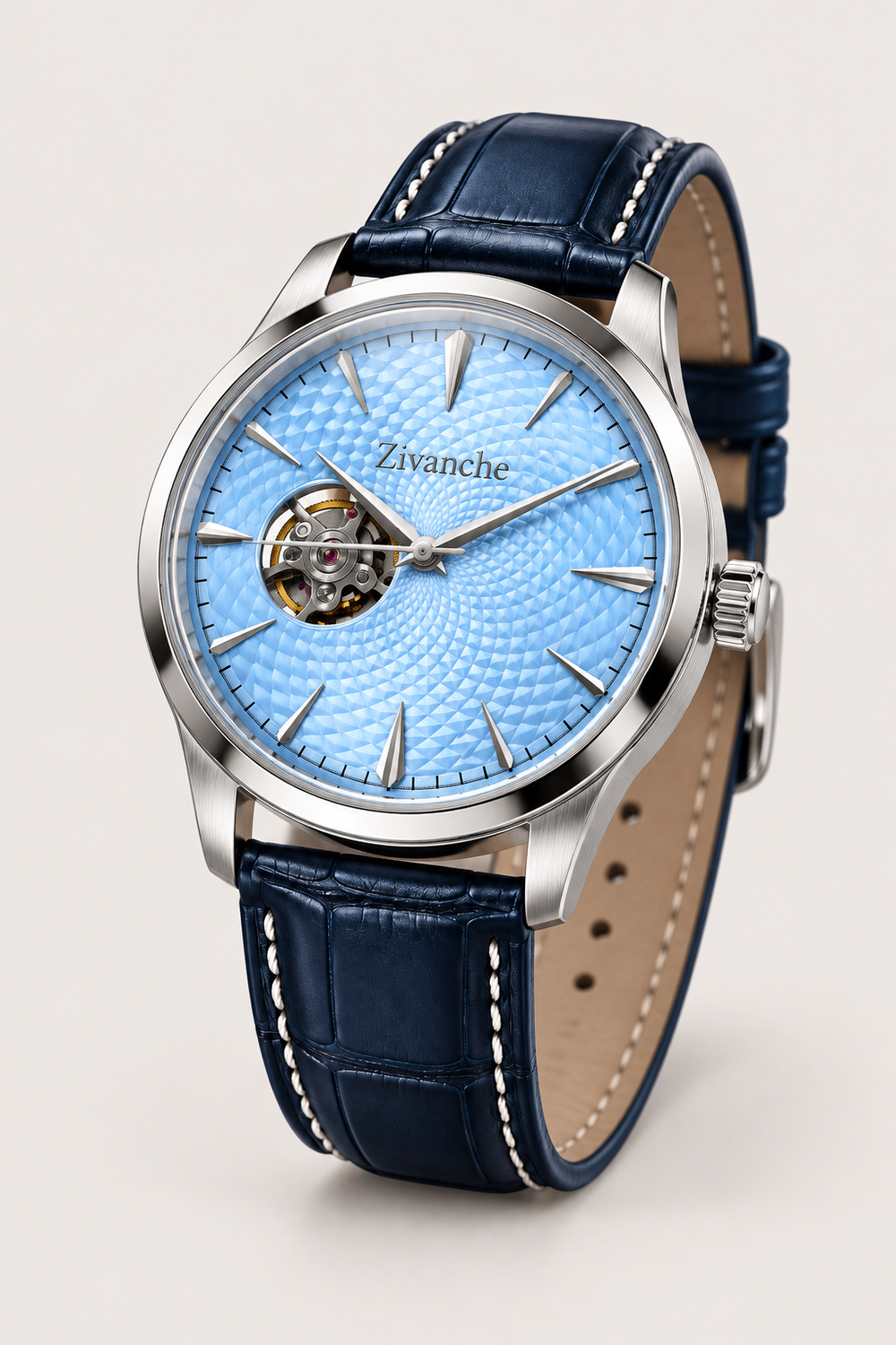 Zivanche Ice Blue Open-Heart Automatic Dress Watch
