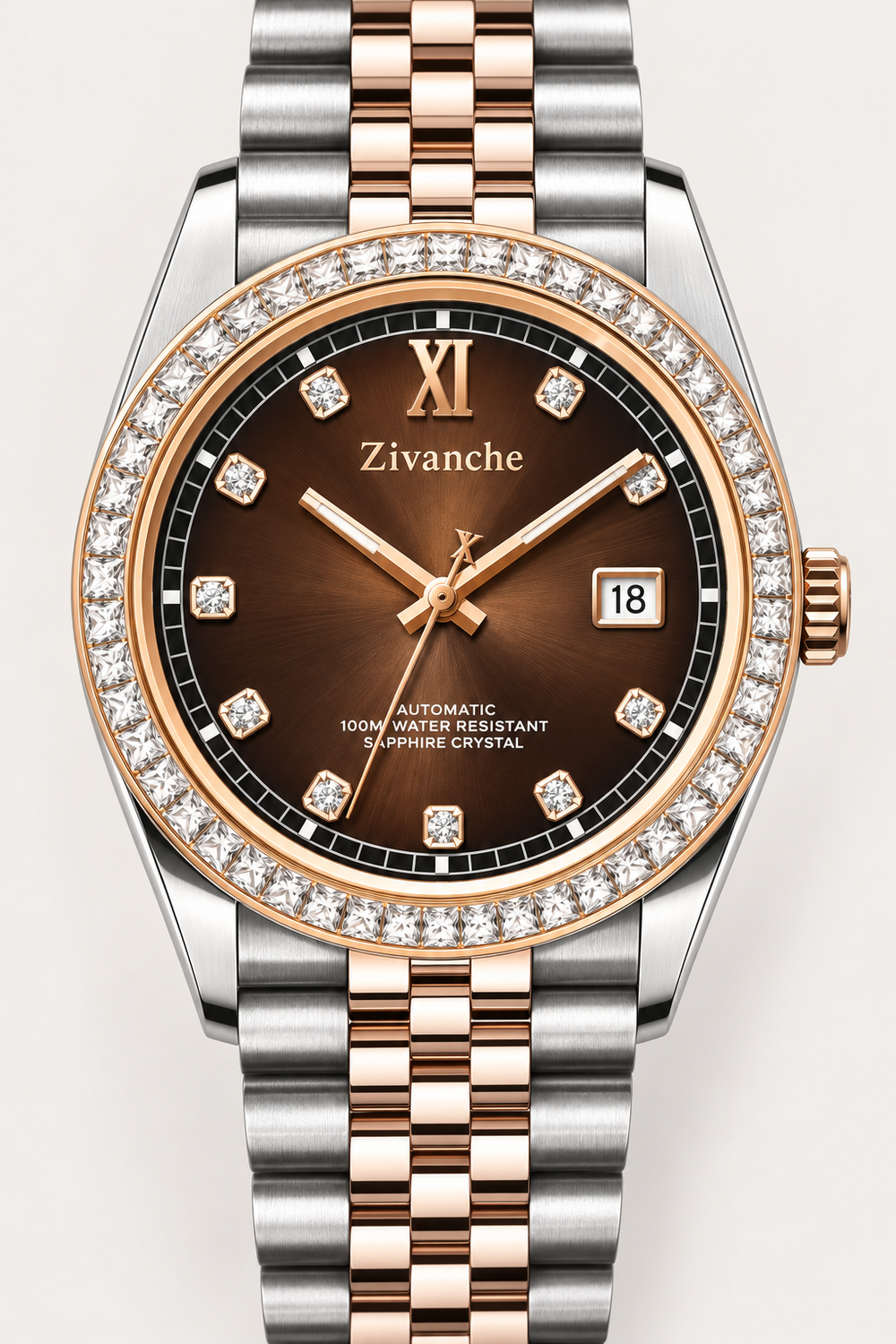 Zivanche Imperial Brown Automatic Watch - Two Tone Diamond Bezel Edition