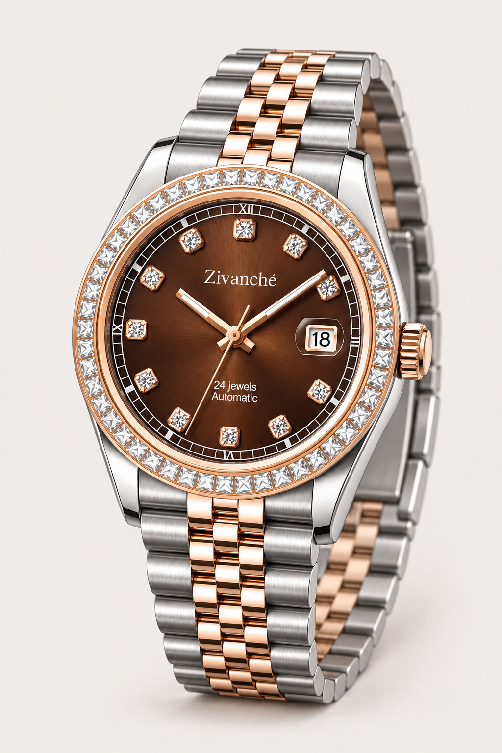 Zivanche Imperial Brown Automatic Watch - Two Tone Diamond Bezel Edition