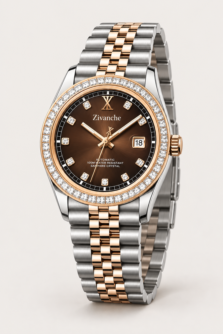 Zivanche Imperial Brown Automatic Watch - Two Tone Diamond Bezel Edition