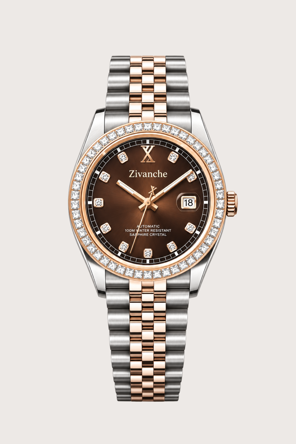 Zivanche Imperial Brown Automatic Watch - Two Tone Diamond Bezel Edition