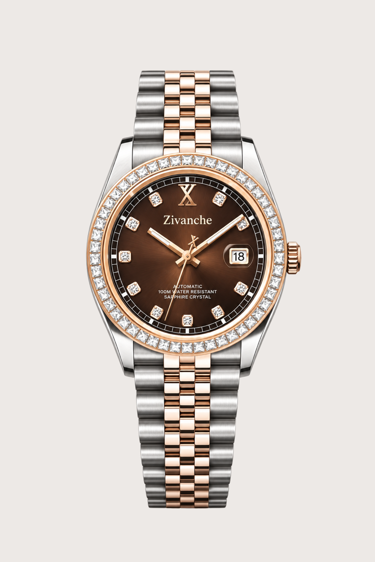 Zivanche Imperial Brown Automatic Watch - Two Tone Diamond Bezel Edition