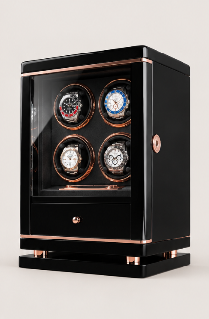 Zivanche LTG9004-GB High-End 4-Slot Automatic Watch Winder Box with Built-In White LED Light and Fingerprint Access Protective Drawer