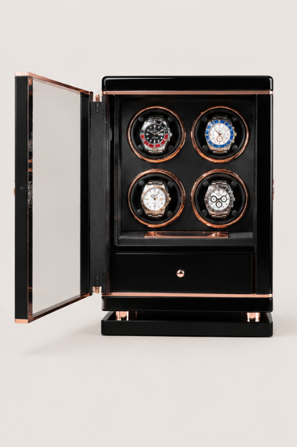 Zivanche LTG9004-GB High-End 4-Slot Automatic Watch Winder Box with Built-In White LED Light and Fingerprint Access Protective Drawer
