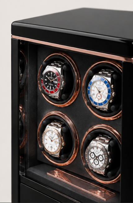 Zivanche LTG9004-GB High-End 4-Slot Automatic Watch Winder Box with Built-In White LED Light and Fingerprint Access Protective Drawer