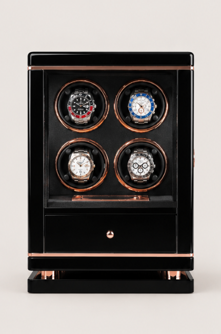 Zivanche LTG9004-GB High-End 4-Slot Automatic Watch Winder Box with Built-In White LED Light and Fingerprint Access Protective Drawer