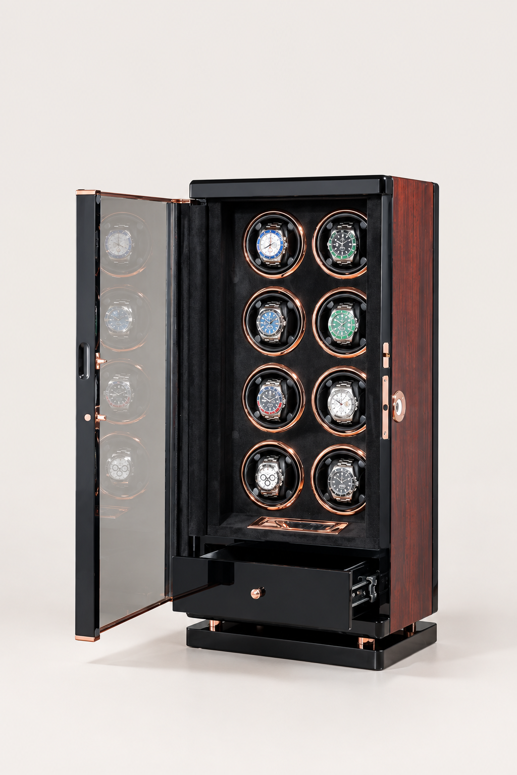 Zivanche LTG9008-GB Automatic Watch Winder with Fingerprint Unlock and White LED Light Built-in Drawer Convenient Watch Boxes & Cases