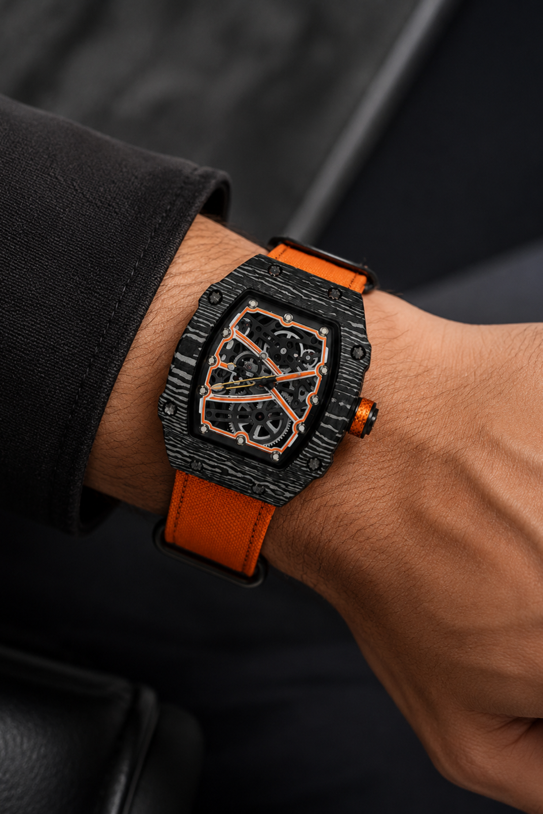 Zivanche Orange & Black Titanium Skeleton Timepiece Watch (44219695)