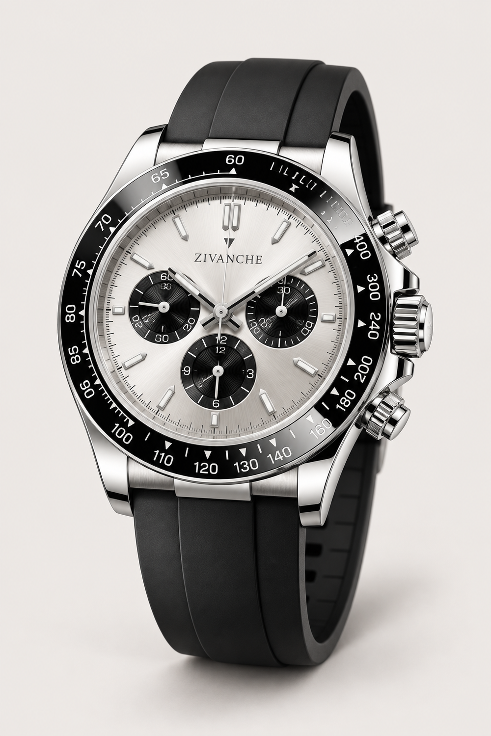 Zivanche Silver Chronograph Sports Watch with Black Tachymeter Bezel