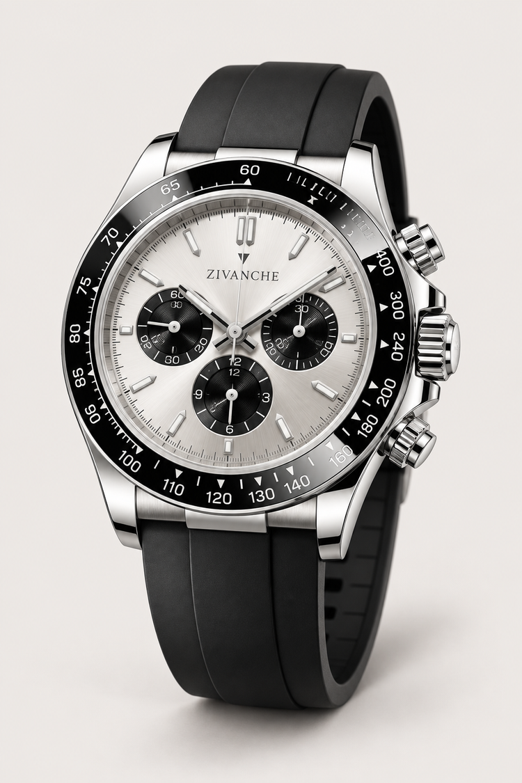 Zivanche Silver Chronograph Sports Watch with Black Tachymeter Bezel