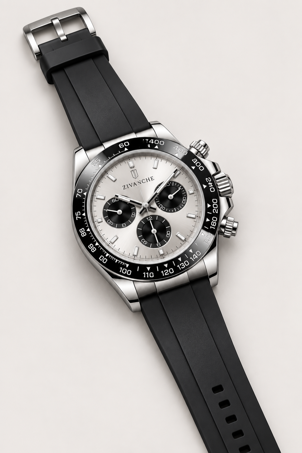 Zivanche Silver Chronograph Sports Watch with Black Tachymeter Bezel