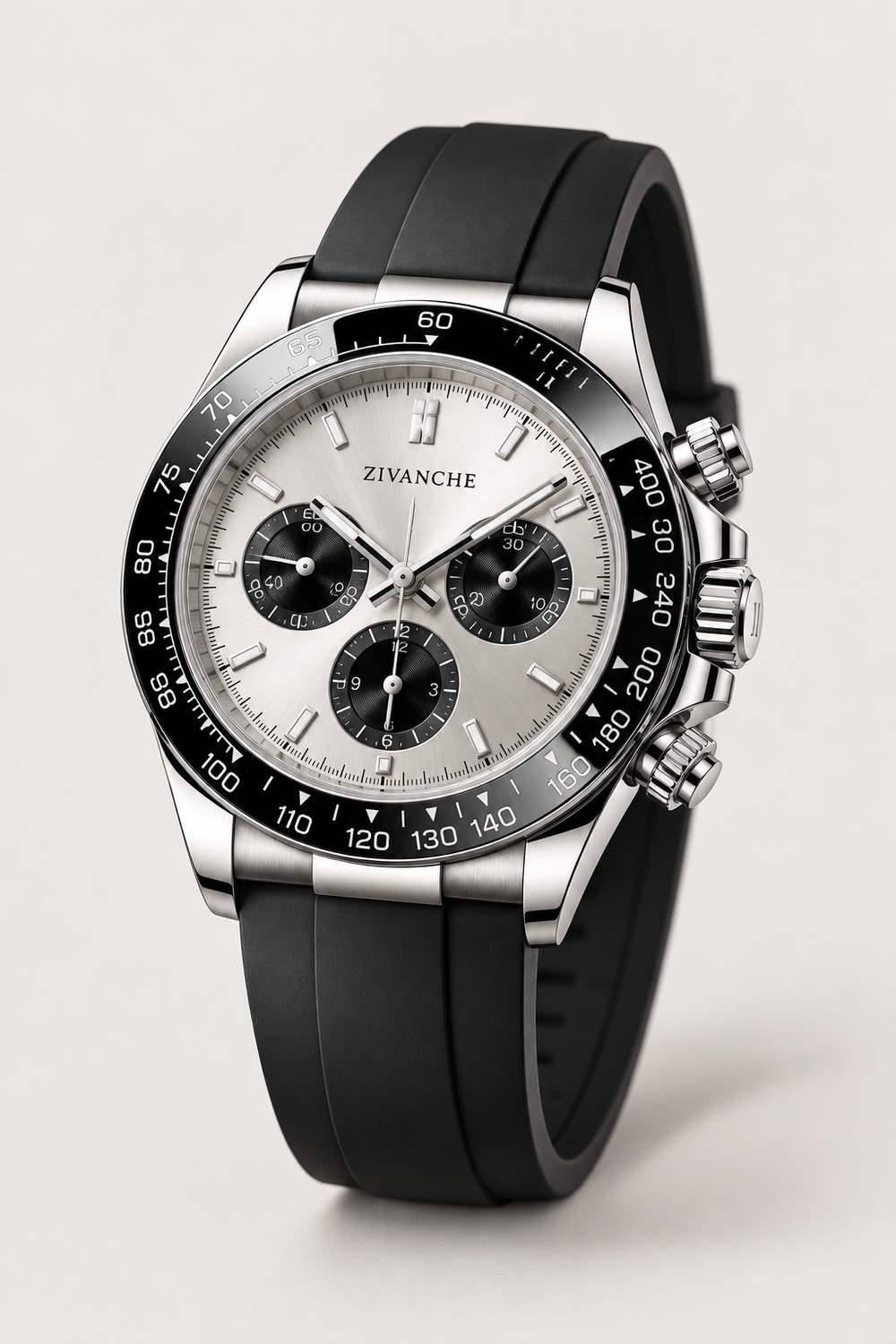 Zivanche Silver Chronograph Sports Watch with Black Tachymeter Bezel