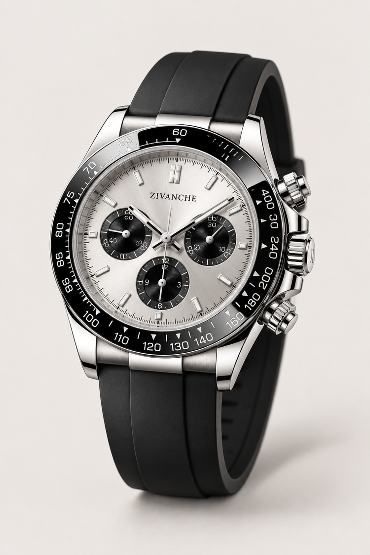 Zivanche Silver Chronograph Sports Watch with Black Tachymeter Bezel