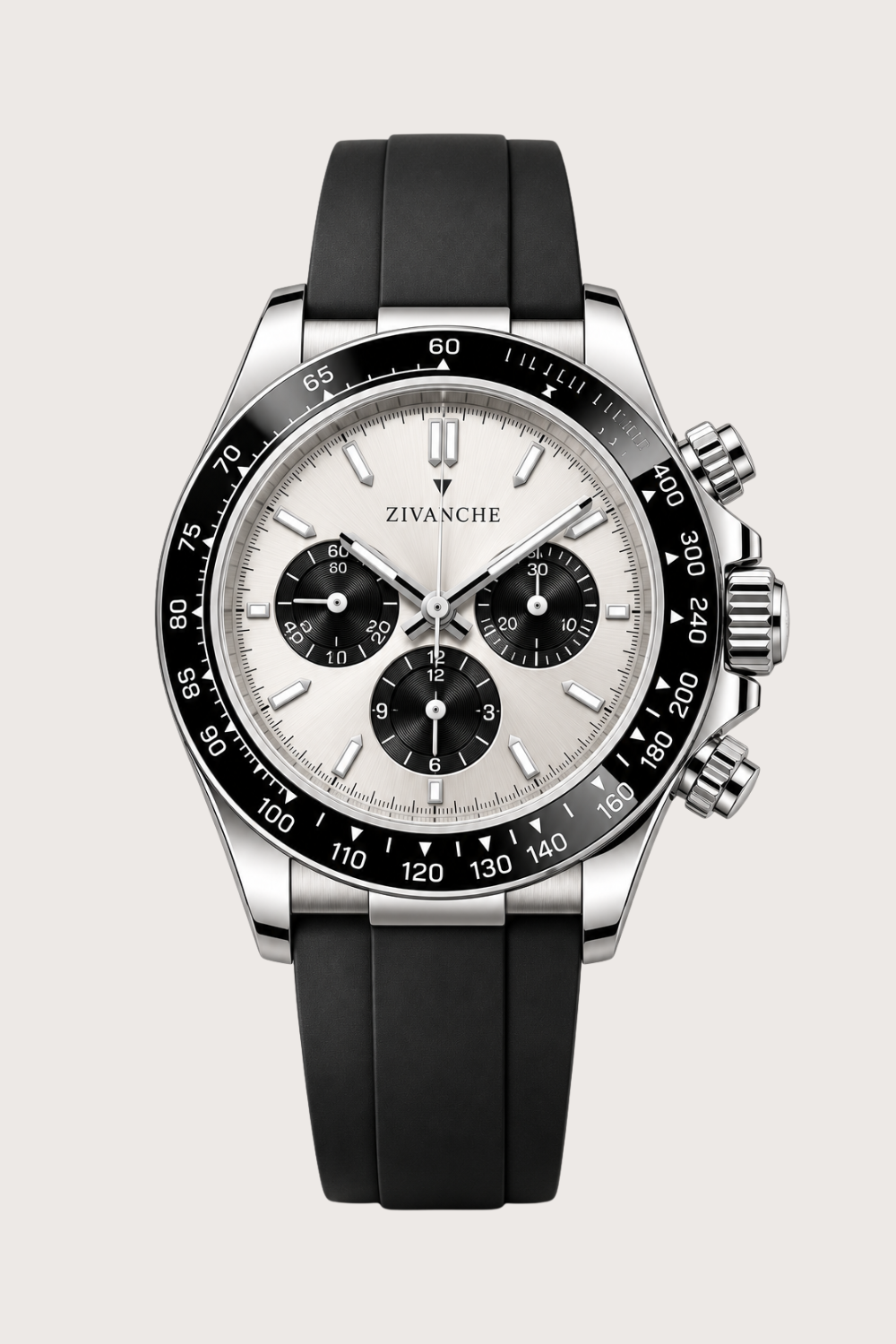 Zivanche Silver Chronograph Sports Watch with Black Tachymeter Bezel