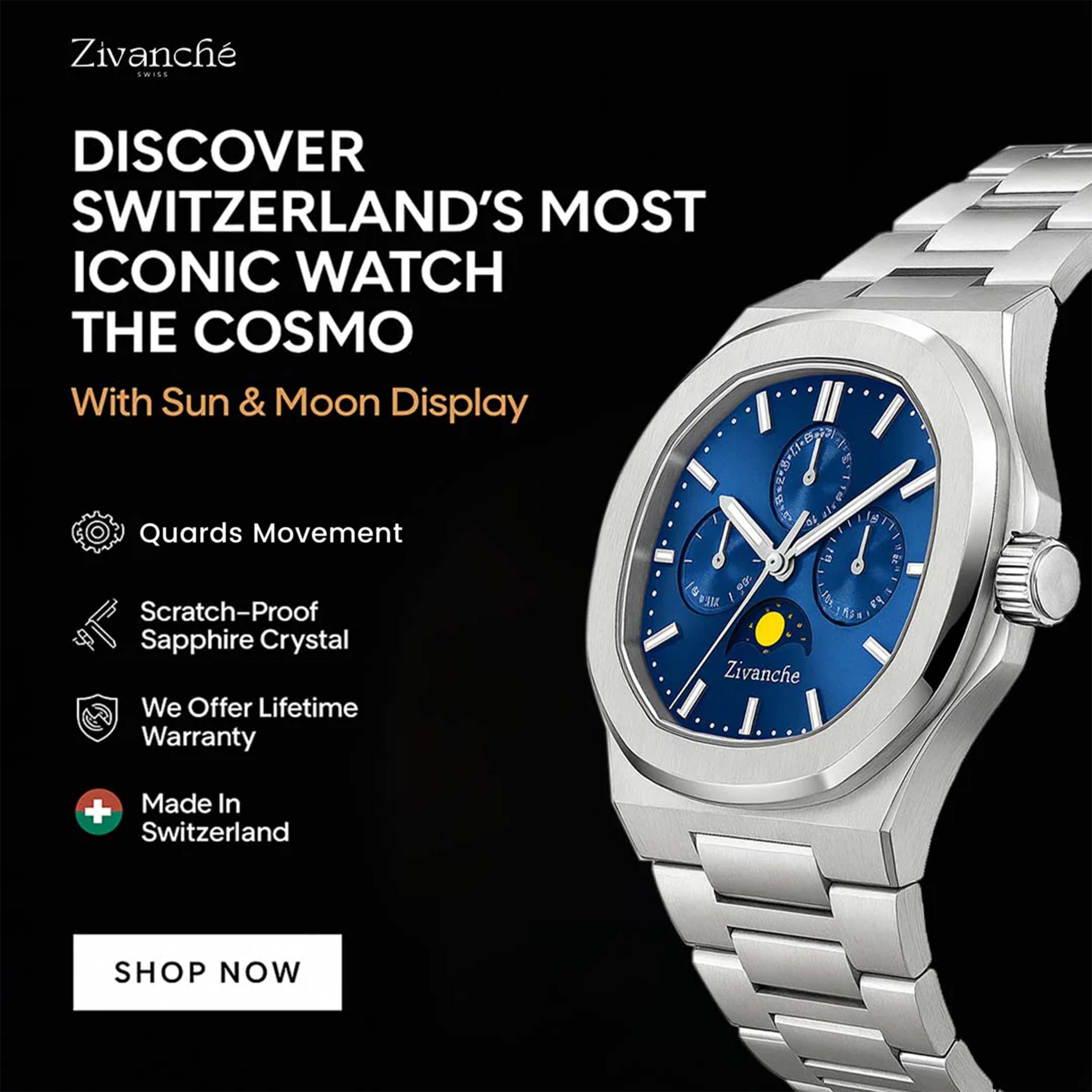 Cosmo | Silver Blue Sun & Moon Face Watch - (ZIVOCCOSLVBLU0028