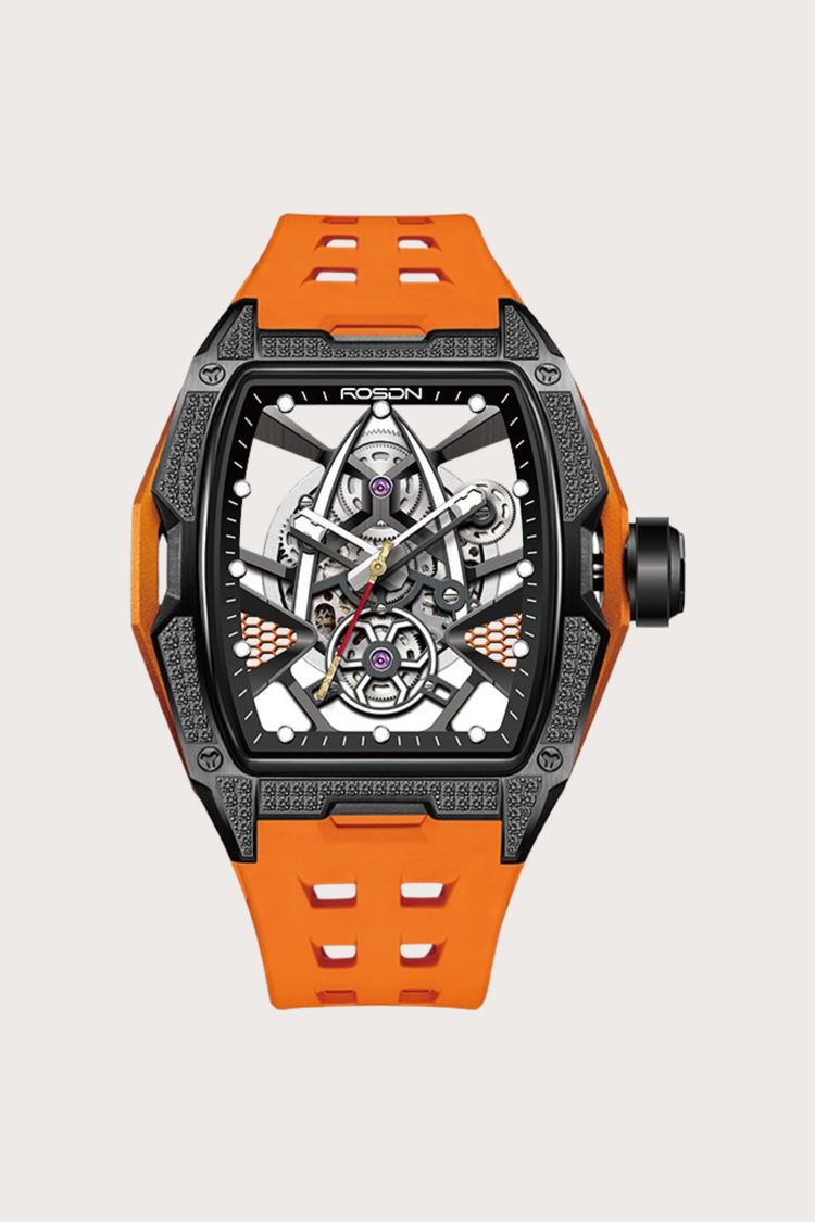 Luxury Frosted Orange G2710 Series High Quality Barrel Shape Silicone Band Automatic Mechanical ROSDN Watch