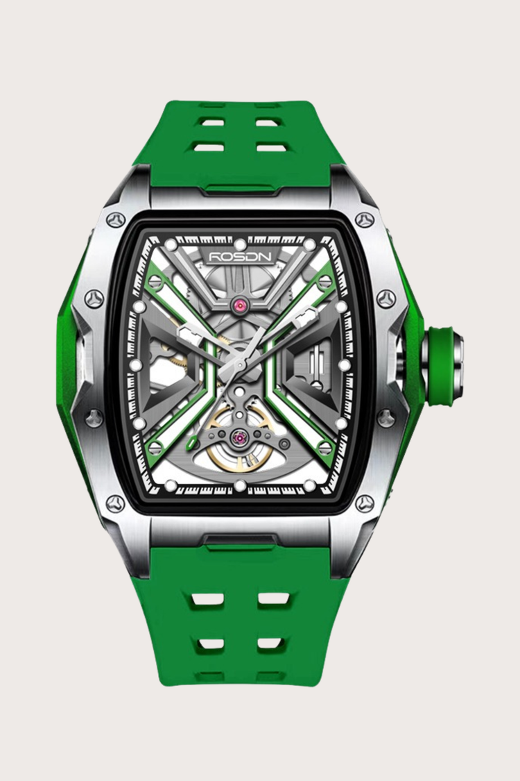 Luxury Green G2710 Series High Quality Barrel Shape Silicone Band Automatic Mechanical ROSDN Watch
