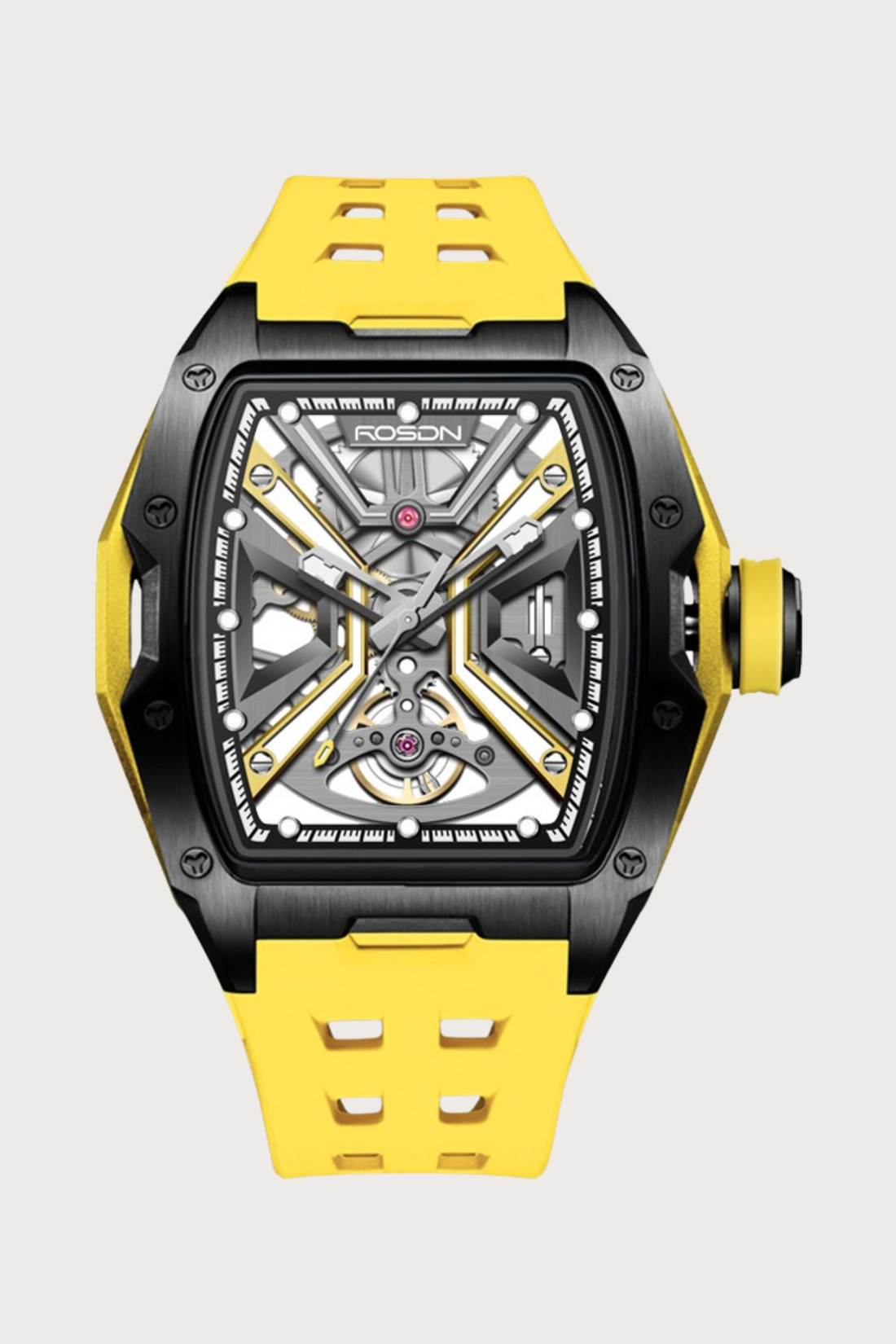 Luxury Yellow G2710 Series High Quality Barrel Shape Silicone Band Automatic Mechanical ROSDN Watch