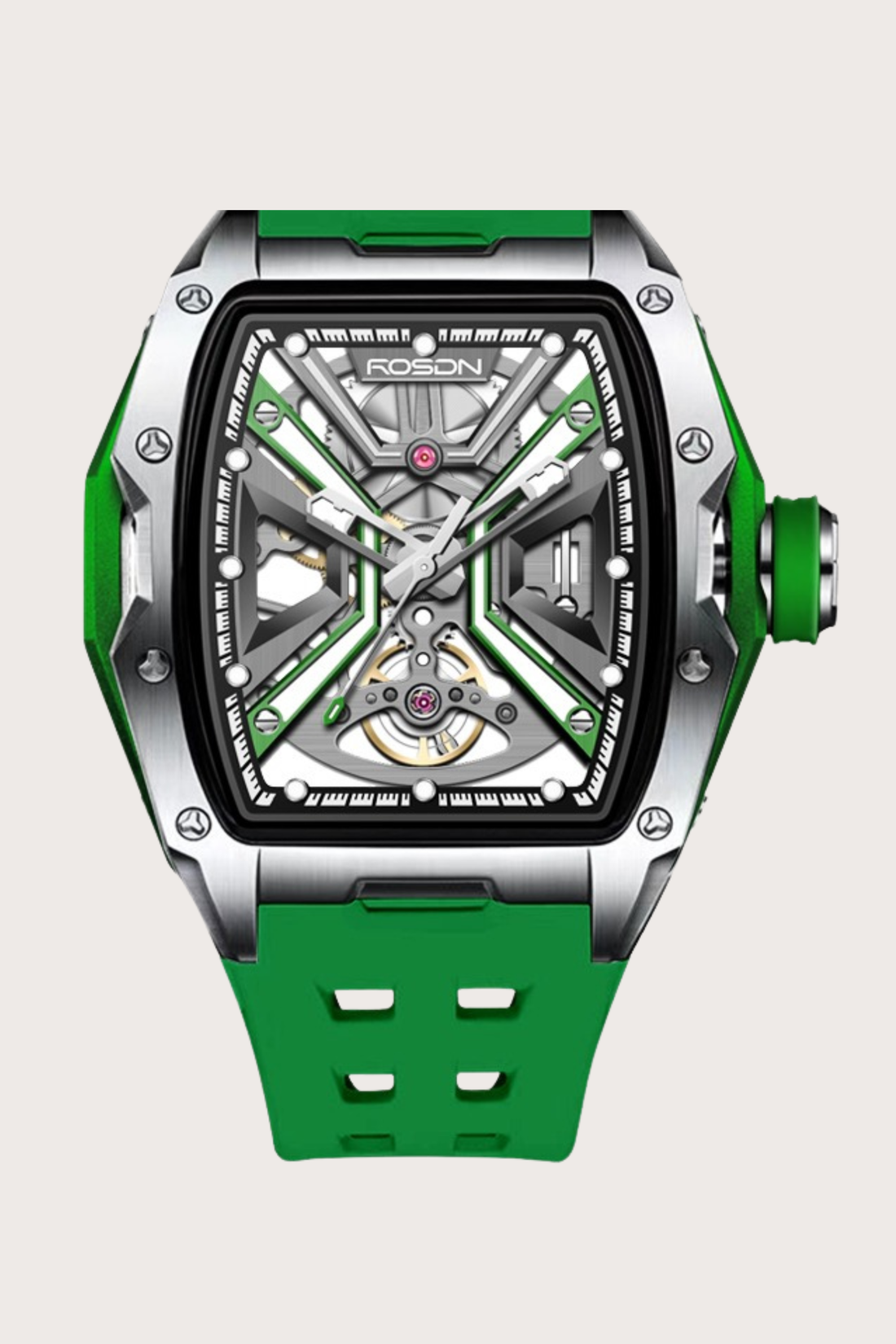 Luxury Green G2710 Series High Quality Barrel Shape Silicone Band Automatic Mechanical ROSDN Watch
