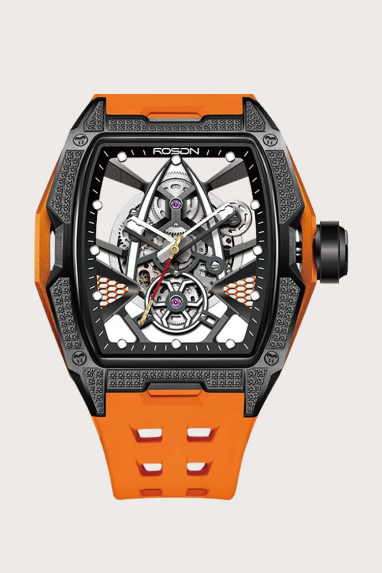 Luxury Frosted Orange G2710 Series High Quality Barrel Shape Silicone Band Automatic Mechanical ROSDN Watch