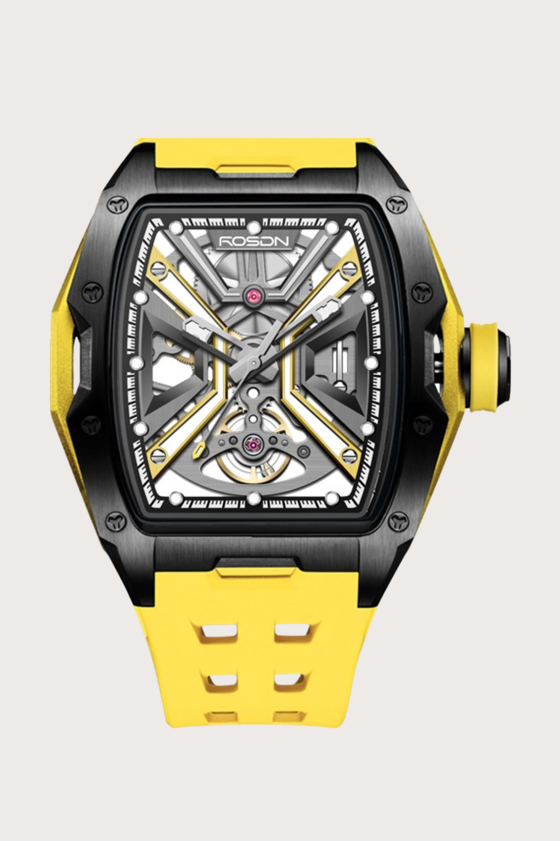 Luxury Yellow G2710 Series High Quality Barrel Shape Silicone Band Automatic Mechanical ROSDN Watch
