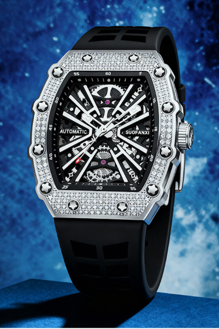 Luxury Iced Bezel Black Skeleton Automatic Mechanical Watch - (41464919)