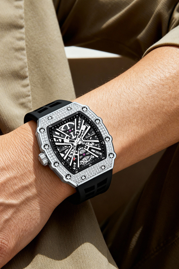 Luxury Iced Bezel Black Skeleton Automatic Mechanical Watch - (41464919)