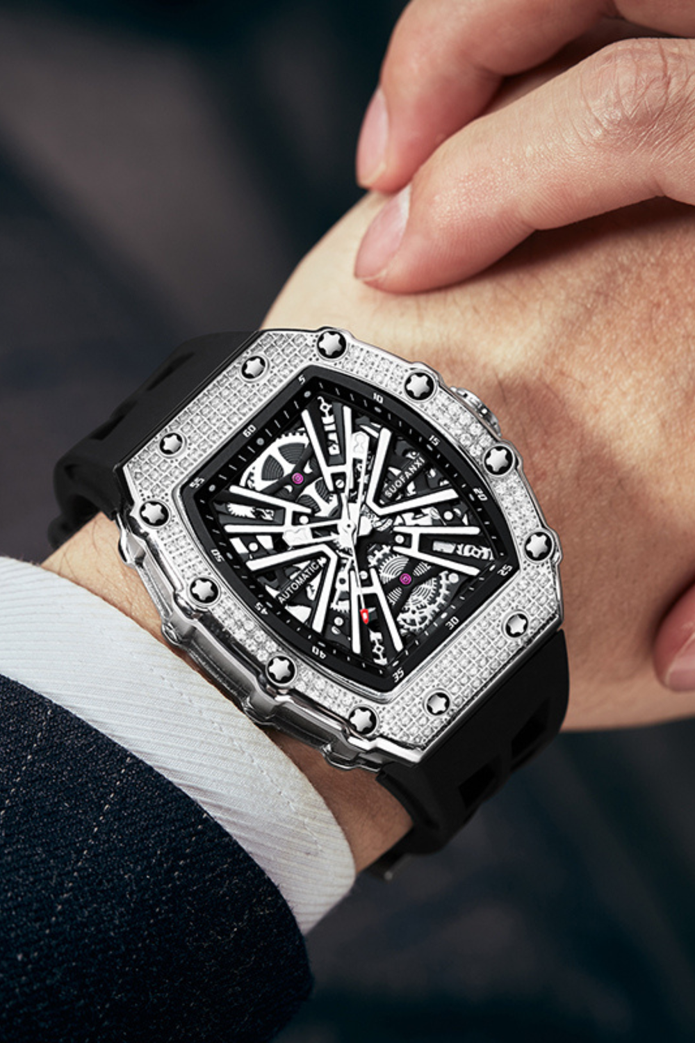 Luxury Iced Bezel Black Skeleton Automatic Mechanical Watch - (41464919)