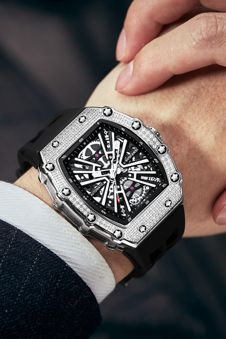 Luxury Iced Bezel Black Skeleton Automatic Mechanical Watch - (41464919)
