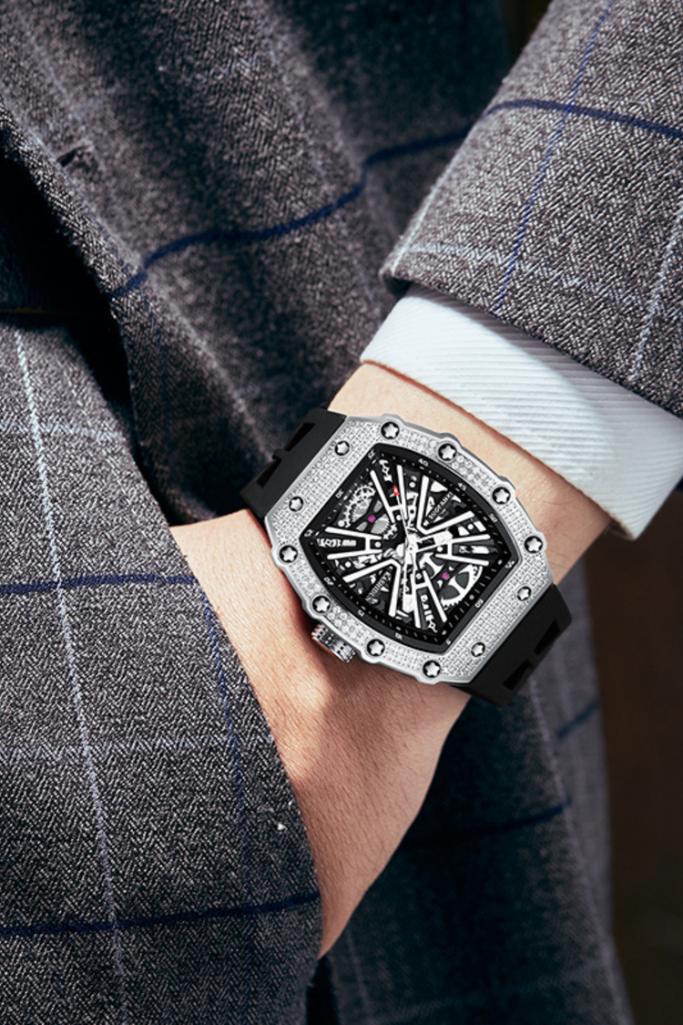 Luxury Iced Bezel Black Skeleton Automatic Mechanical Watch - (41464919)