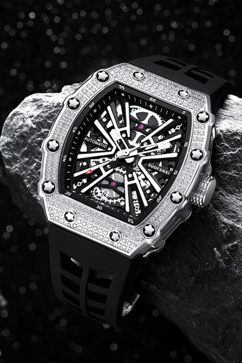 Luxury Iced Bezel Black Skeleton Automatic Mechanical Watch - (41464919)