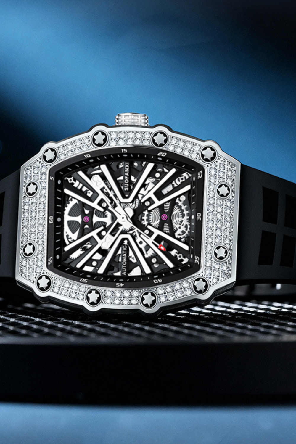 Luxury Iced Bezel Black Skeleton Automatic Mechanical Watch - (41464919)