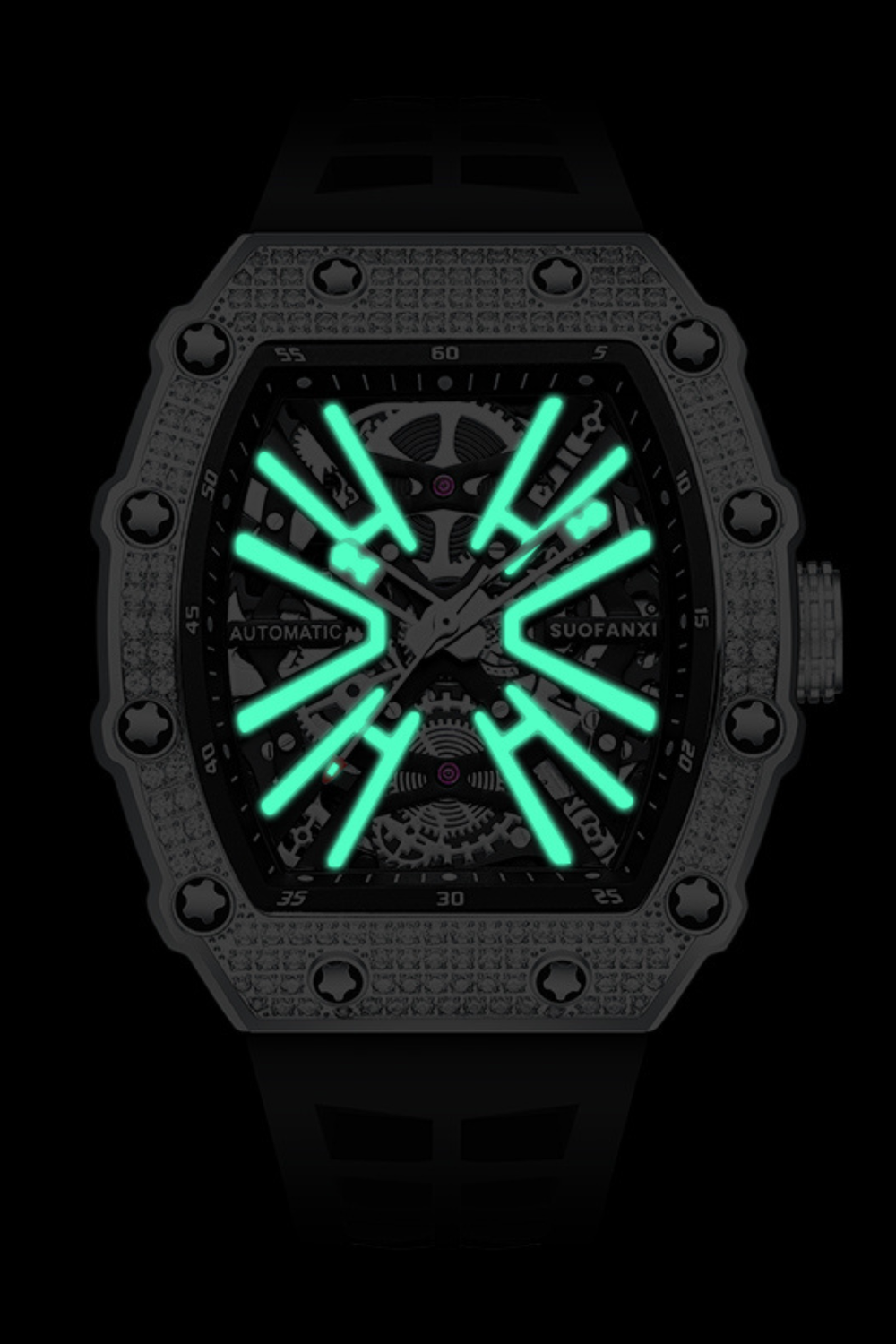 Luxury Iced Bezel Black Skeleton Automatic Mechanical Watch - (41464919)