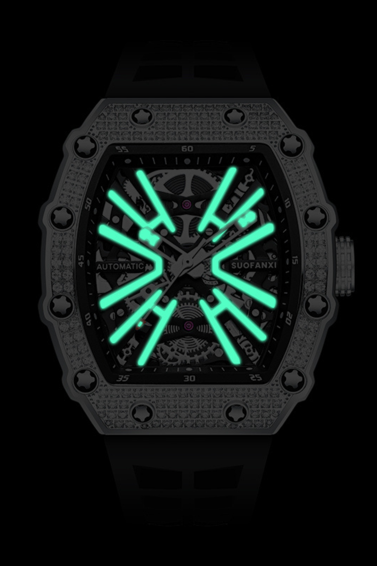 Luxury Iced Bezel Black Skeleton Automatic Mechanical Watch - (41464919)