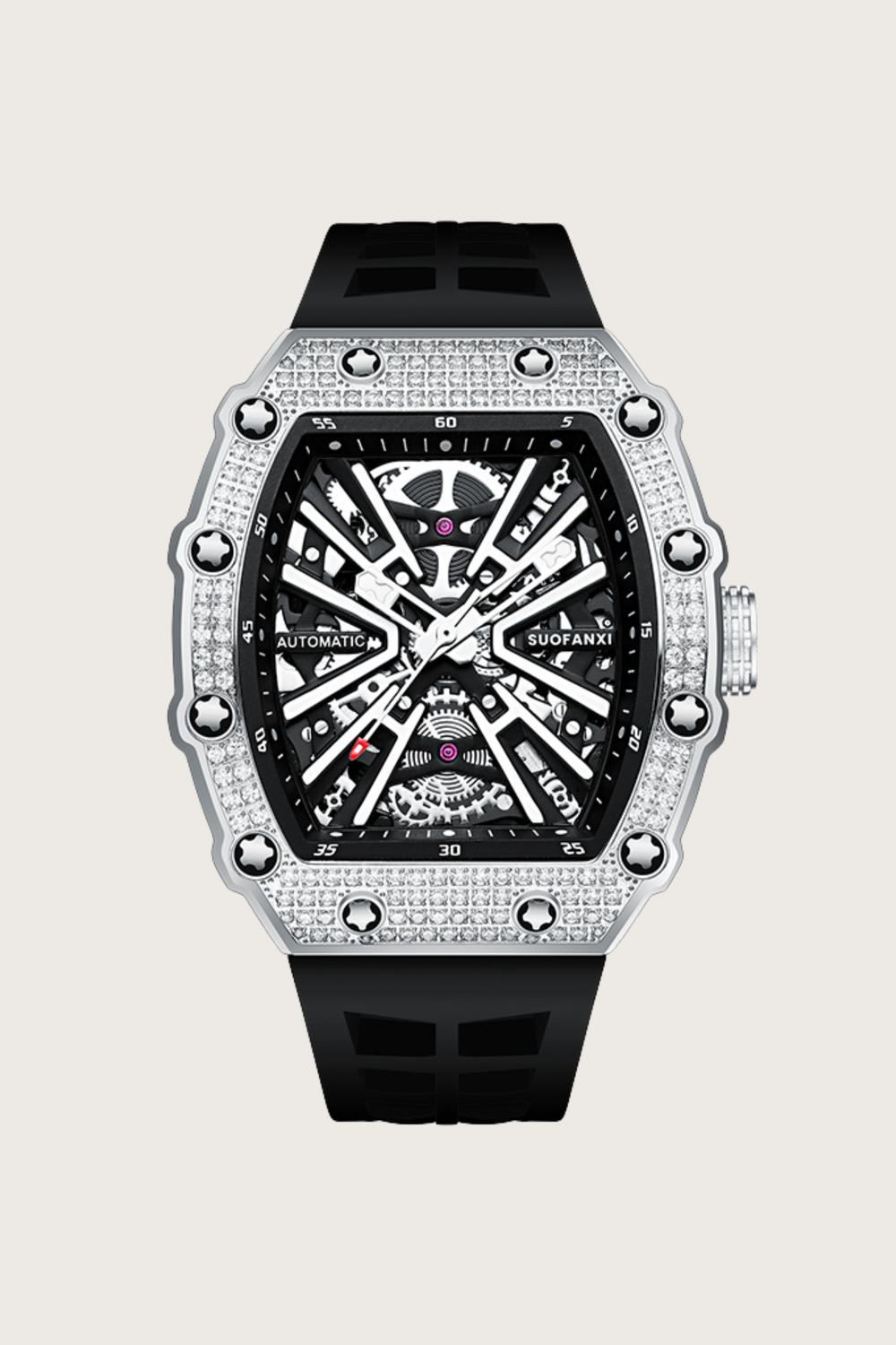 Luxury Iced Bezel Black Skeleton Automatic Mechanical Watch - (41464919)
