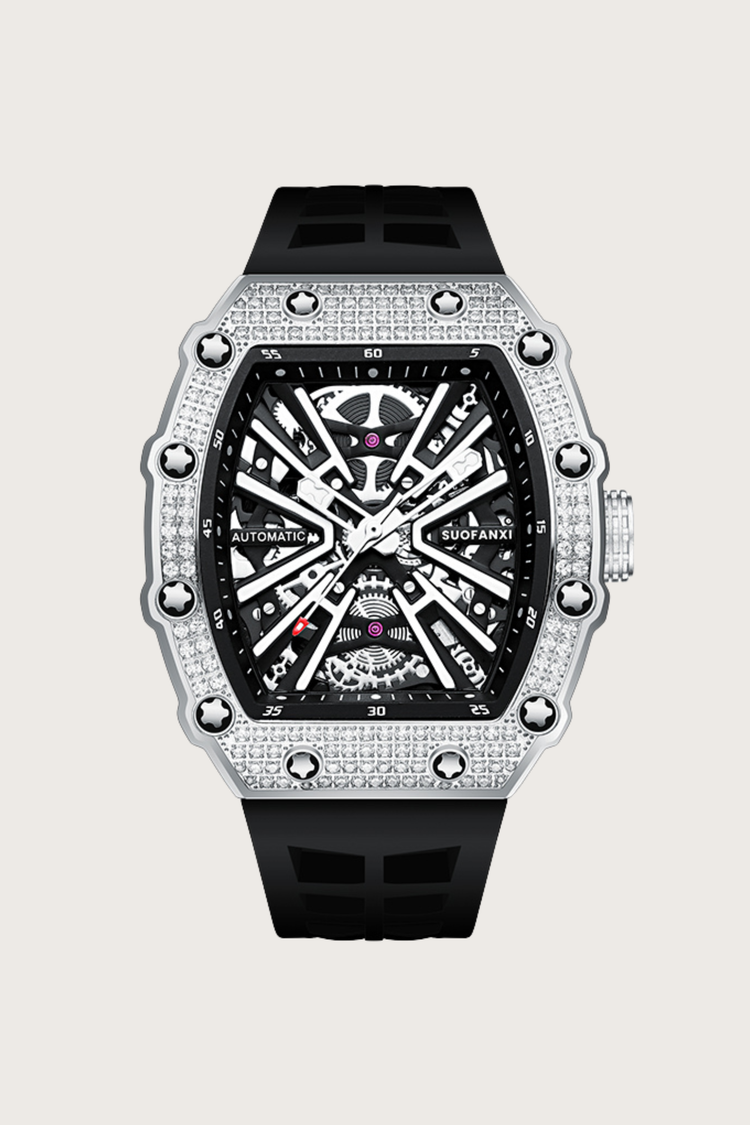Luxury Iced Bezel Black Skeleton Automatic Mechanical Watch - (41464919)